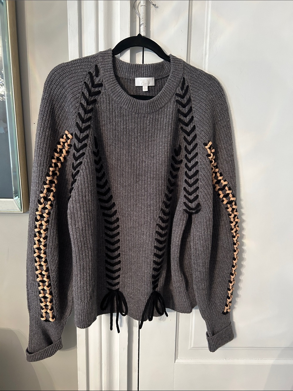 NWT Gray Knit Sweater with Black & Beige Lace Details